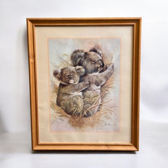 Vintage Ruane Manning Koala Bears Print: Rustic 1980s Wooden Framed 18" x 22" - Picture 1 of 12